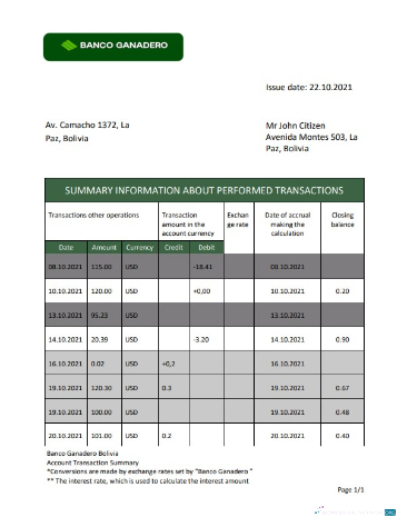 Download Bolivia Banco Ganadero bank statement word